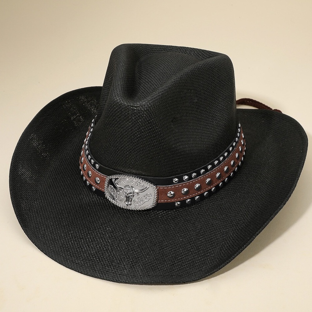 Metal Steer Head Emblem Studded Leather Band Western Straw Cowboy Fedora Hat
